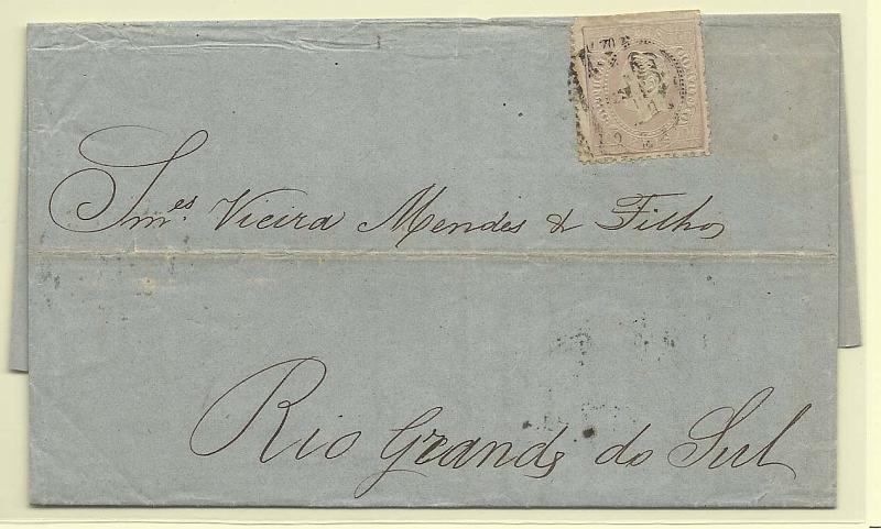 1707.jpg -     Lote:    1707      Lotes pelo Correio       Portugal       Descrição:         1870/76 &mdash; D. Luís I. Fita direita. CE43, 100 reis, denteado 12 &frac12;, papel liso, em carta circulada de Lisboa (04.02.81) para o Rio Grande do Sul.        Carta       Valor Base:     &euro; 12,00     Valor Venda:     Retirado     
