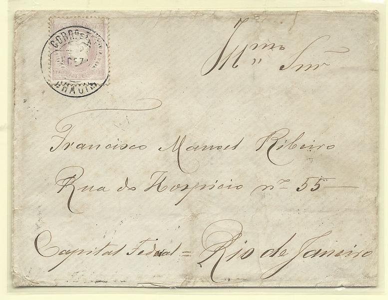 1708.jpg -     Lote:    1708      Lotes pelo Correio       Portugal       Descrição:         1870/76 &mdash; D. Luís I. Fita direita. CE43, 100 reis lilás, papel porcelana, denteado 12 &frac12; em sobrescrito circulado de Chacim (05.12.90) para o Rio de Janeiro (21.12.90) com trânsito por Macedo de Cavaleiros (05.12.90).        Carta       Valor Base:     &euro; 10,00     Valor Venda:     Retirado     