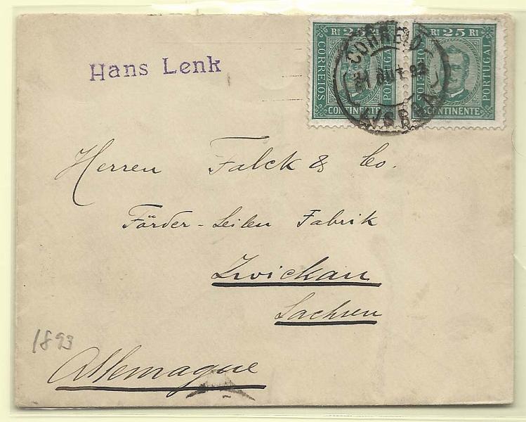 1710.jpg -     Lote:    1710      Lotes pelo Correio       Portugal       Descrição:         1892/93 &mdash; D. Carlos I, tipo Diogo Neto. CE70, 25 reis verde, denteado 11 &frac12;, papel porcelana. Dois selos em sobrescrito circulado de lisboa (31.10.93) para a Alemanha (04.11.93).        Carta       Valor Base:     &euro; 6,00     Valor Venda:     &euro; 6,00       