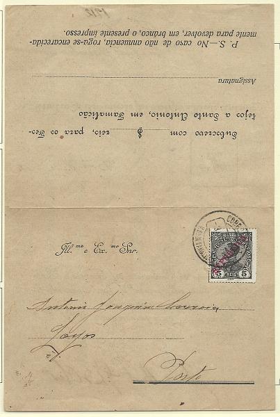 1714.jpg -     Lote:    1714      Lotes pelo Correio       Portugal       Descrição:         1910 &mdash; D. Manuel II, com sobrecarga REPUBLICA. CE171, 5 reis preto, em circular remetida de Vila Nova de Famalicão (03.01.12) para o Porto.        IMP       Valor Base:     &euro; 8,00     Valor Venda:     Retirado     