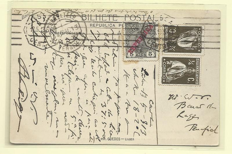 1716.jpg -     Lote:    1716      Lotes pelo Correio       Portugal       Descrição:         1910/12 &mdash; D. Manuel II com sobrecarga REPUBLICA + Ceres. Postal ilustrado circulado de Lisboa (12.05.13) para Penafiel, com selo de 5 reis preto CE171 + dois selos de &frac14; c sépia, denteado 15x14, papel porcelana ordinário.        PI       Valor Base:     &euro; 8,00     Valor Venda:     Retirado     