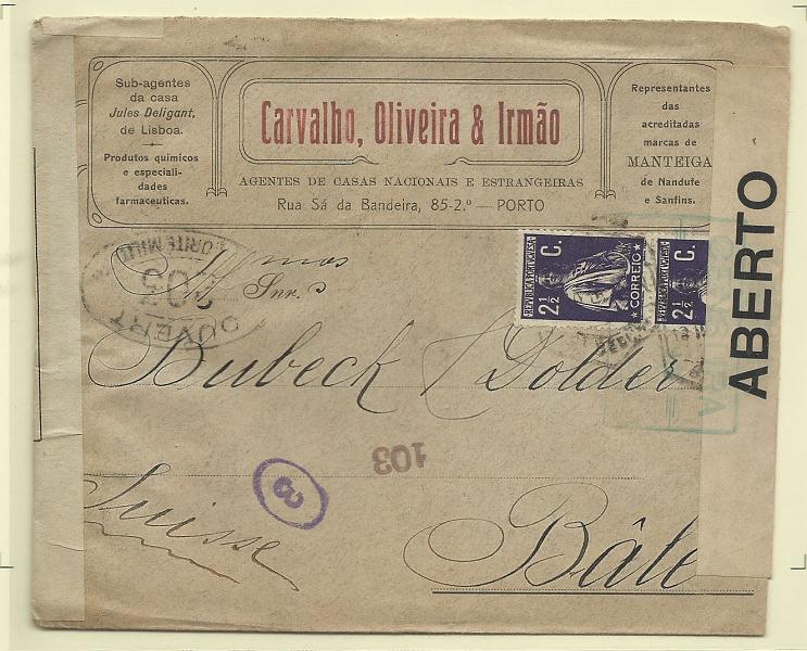 1717.jpg -     Lote:    1717      Lotes pelo Correio       Portugal       Descrição:         1912 &mdash; Ceres. Sobrescrito circulado do Porto (15.10.16) para a Suiça (24.10.16) com par de selos de 2 &frac12; c violeta, denteado 15x14. Aberto pela censura em Portugal e França.        Carta       Valor Base:     &euro; 10,00     Valor Venda:     Retirado     