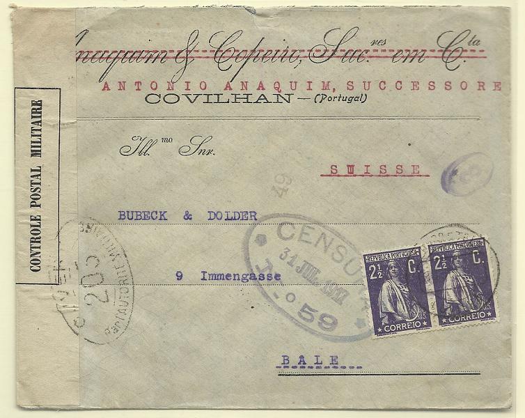 1718.jpg -     Lote:    1718      Lotes pelo Correio       Portugal       Descrição:         1914 &mdash; Ceres. CE211, 2 &frac12; c violeta, denteado 15x14. Par em sobrescrito circulado da Covilhã (30.07.17) para a Suiça. Censurado por portugueses e franceses.        Carta       Valor Base:     &euro; 5,00     Valor Venda:     Retirado     