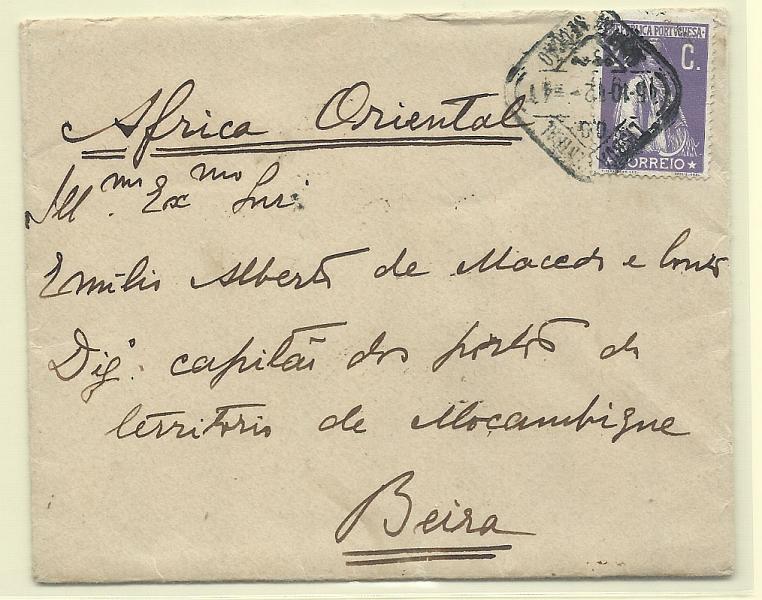 1719.jpg -     Lote:    1719      Lotes pelo Correio       Portugal       Descrição:         1912 &mdash; Ceres. Sobrescrito circulado de Lisboa (15.10.12) para a Beira * Moçambique (09.11.12) com selos de 2 &frac12; c violeta, denteado 15x14, papel porcelana CE211.        Carta       Valor Base:     &euro; 5,00     Valor Venda:     Retirado     