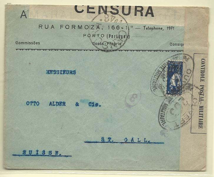 1722.jpg -     Lote:    1722      Lotes pelo Correio       Portugal       Descrição:         1917 &mdash; Ceres. Sobrescrito circulado do Porto para a Suiça com selo de 7 &frac12; c azul CE229. Duplamente censurado em Portugal e França.        Carta       Valor Base:     &euro; 8,00     Valor Venda:     Retirado     