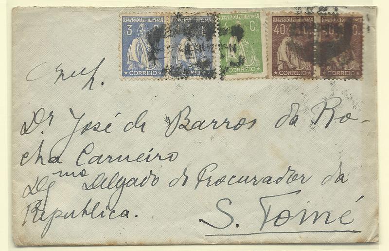 1724.jpg -     Lote:    1724      Lotes pelo Correio       Portugal       Descrição:         1917/26 &mdash; Ceres. Sobrescrito circulado de lisboa para S. Tomé e Príncipe (08.07.24) com selos de 3c CE235 (2), 4c CE226 e par de 40c CE283.        Carta       Valor Base:     &euro; 10,00     Valor Venda:     Retirado     