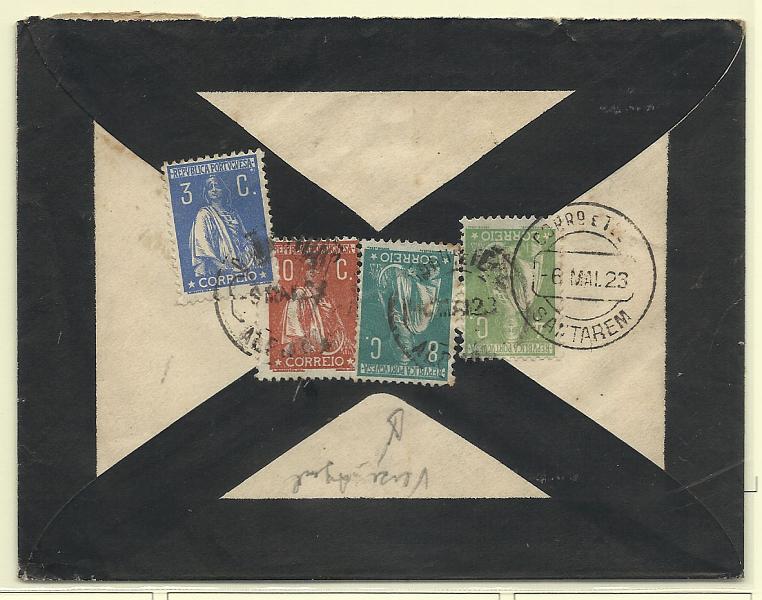1726.jpg -     Lote:    1726      Lotes pelo Correio       Portugal       Descrição:         1912/22 &mdash; Ceres. Sobrescrito circulado de Alpiarça para Santarém com selos CE215, 226, 235 e 237.        Carta       Valor Base:     &euro; 5,00     Valor Venda:     Retirado     