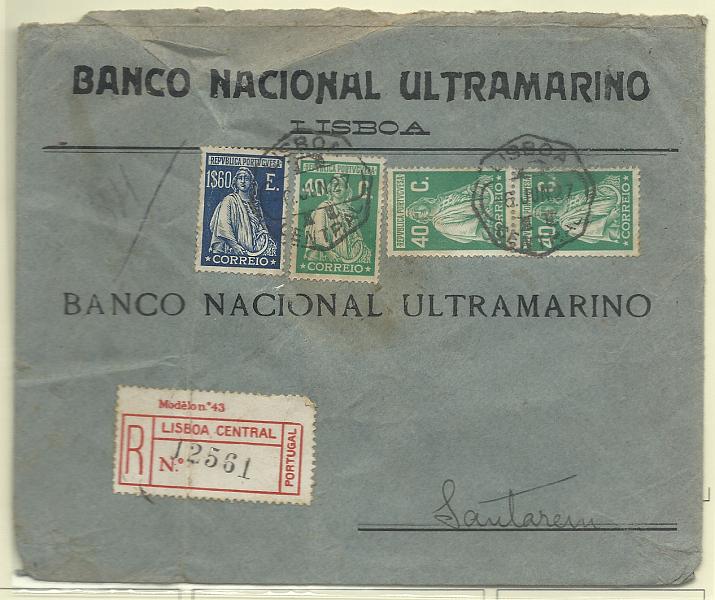 1728.jpg -     Lote:    1728      Lotes pelo Correio       Portugal       Descrição:         1924/26 &mdash; Ceres. Sobrescrito circulado registado de Lisboa (06.06.27) para Santarém com selo de 1$60 CE291 + 3 selos de 40c CE406.        Carta       Valor Base:     &euro; 5,00     Valor Venda:     Retirado     