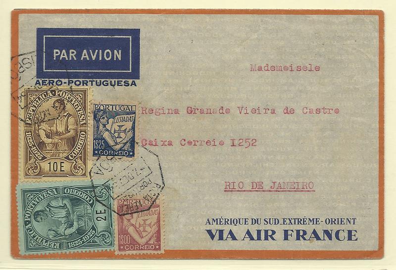 1730.jpg -     Lote:    1730      Lotes pelo Correio       Portugal       Descrição:         1925/31 &mdash; Centenário do Nascimento de Camilo Castelo Branco + Lusíadas. Sobrescrito circulado por via aérea de Lisboa (07.12.34) para o Rio de Janeiro, com selos de 2E e 10E CE354, 359 (selos de recurso) + 1$00 e 1$25 CE525, 527.        Carta       Valor Base:     &euro; 10,00     Valor Venda:     Retirado     