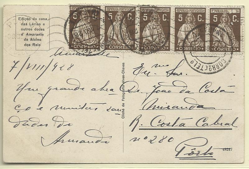 1731.jpg -     Lote:    1731      Lotes pelo Correio       Portugal       Descrição:         1926 &mdash; Ceres. Emissão Londres. CE399, 5c sépia escuro. Tira de 5 selos em postal ilustrado circulado de Amarante (07.08.28) para o Porto.        PI       Valor Base:     &euro; 5,00     Valor Venda:     Retirado     