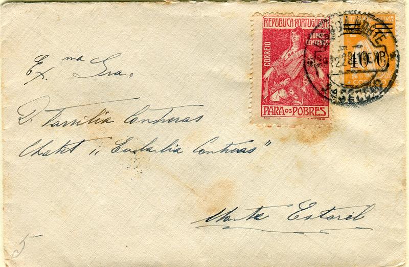1733.jpg -     Lote:    1733      Lotes pelo Correio       Portugal       Descrição:         1925/29 &mdash; Ceres com sobretaxa + Imposto Postal "Para os Pobres". Sobrescrito circulado de Lisboa (28.12.28) para Monte Estoril com selos de 40c s/ 2c CE466 + 15c CE IP10.        Carta       Valor Base:     &euro; 8,00     Valor Venda:     Retirado     
