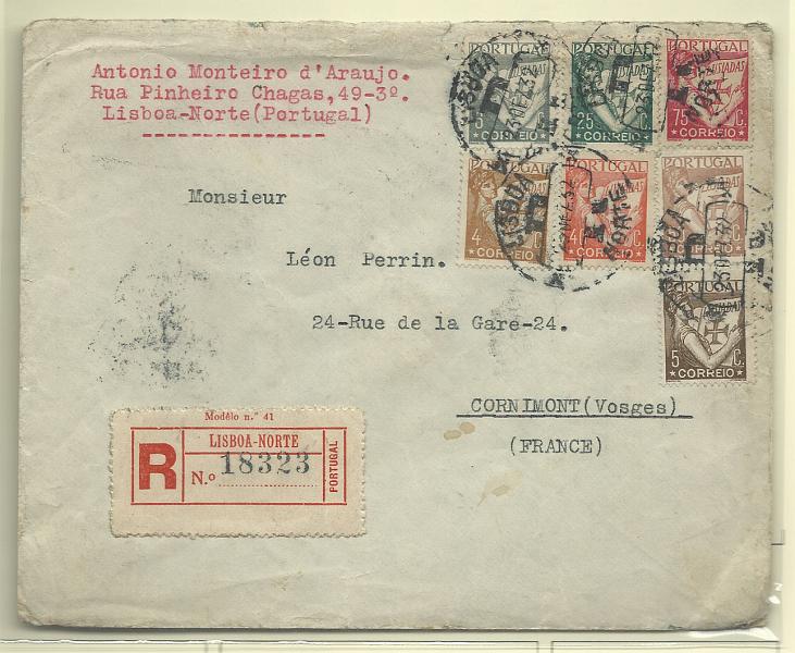 1736.jpg -     Lote:    1736      Lotes pelo Correio       Portugal       Descrição:         1931 &mdash; Lusíadas. Sobrescrito circulado registado de Lisboa (23.12.32) para França, com selos de 4c, 5c, 6c, 25c, 40c, 50c e 75c  CE513/515, 519/20, 522 e 523.         Carta       Valor Base:     &euro; 8,00     Valor Venda:     &euro; 8,00       