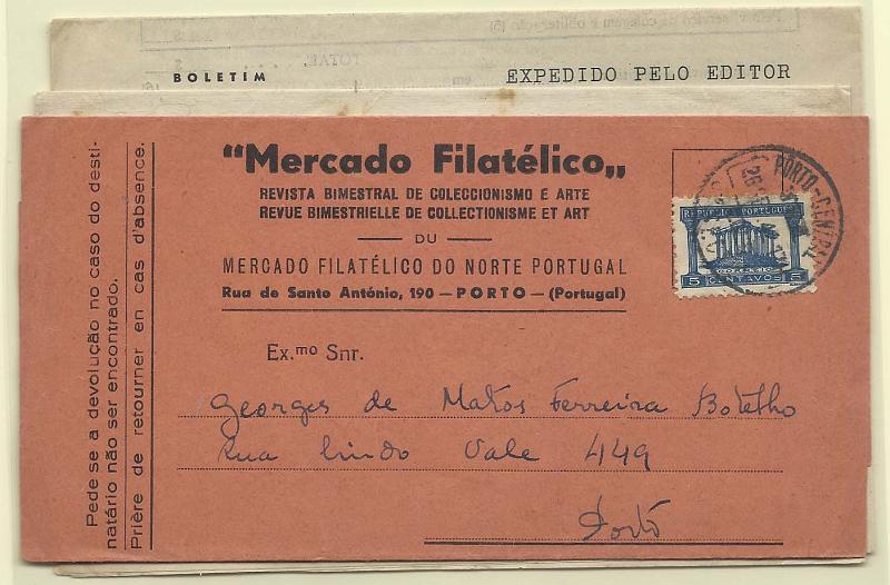 1738.jpg -     Lote:    1738      Lotes pelo Correio       Portugal       Descrição:         1934/43 &mdash; Templo de Diana + Caravela. Lote de 3 cintas da revista do Mercado Filatélico, circuladas com: uma com selo de 5c CE566 e duas com selos de $05 CE617.        CNT       Valor Base:     &euro; 5,00     Valor Venda:     &euro; 5,00       