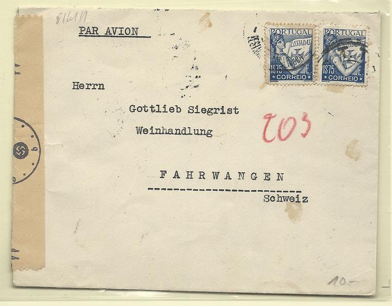 1739.jpg -     Lote:    1739      Lotes pelo Correio       Portugal       Descrição:         1943 &mdash; Caravela. CE625, 1$75. Dois selos em sobrescrito circulado de Lisboa (01.10.42) para a Alemanha. Censurado pelos alemães.        Carta       Valor Base:     &euro; 4,00     Valor Venda:     Retirado     