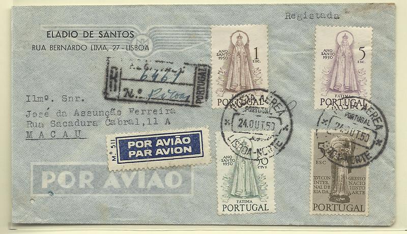 1742.jpg -     Lote:    1742      Lotes pelo Correio       Portugal       Descrição:         1950 &mdash; Ano Santo * História da Arte. Sobrescrito circulado registado de Lisboa (24.10.50) para Macau (06.11.50), com selos de 50c, 1$00 e 5$00 CE 719/20, 722 e 5$00 CE714.        Carta       Valor Base:     &euro; 10,00     Valor Venda:     &euro; 10,00       