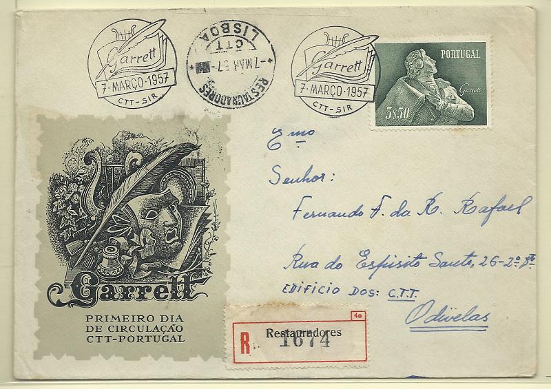1744.jpg -     Lote:    1744      Lotes pelo Correio       Portugal       Descrição:         197 &mdash; Almeida Garrett. CE829, 3$50. FDC circulado registado de Lisboa (07.03.57) para Odivelas.        FDC       Valor Base:     &euro; 10,00     Valor Venda:     Retirado     