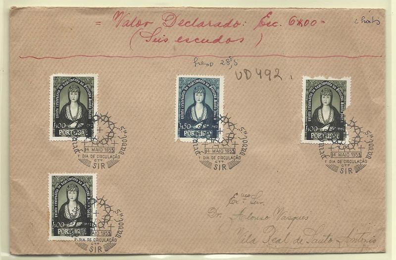 1745.jpg -     Lote:    1745      Lotes pelo Correio       Portugal       Descrição:         1953 &mdash; 5.º Centenário do Nascimento da Princesa Santa Joana. CE784/785. Valor declarado de 6$00 com série completa + 2 selos de 1$00, circulado de Lisboa (14.05.53), obliterado com carimbo do 1.º dia de circulação.        FDC       Valor Base:     &euro; 4,00     Valor Venda:     Retirado     