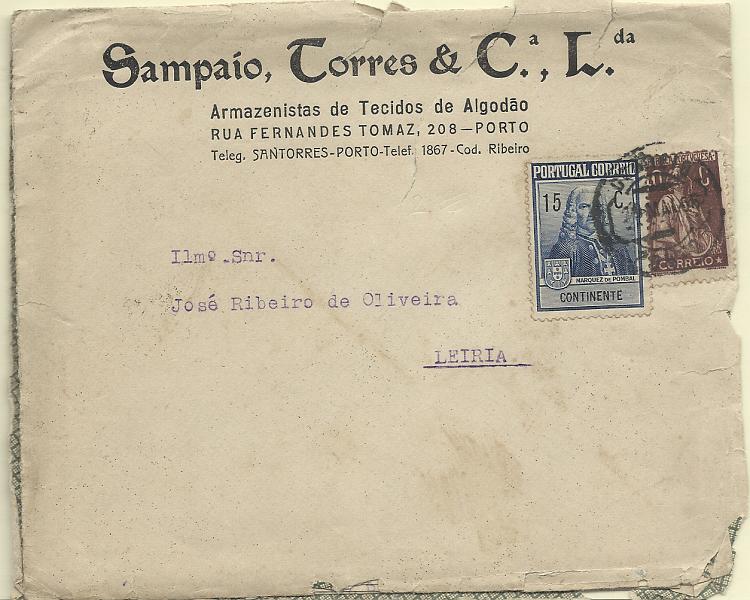 1748.jpg -     Lote:    1748      Lotes pelo Correio       Portugal       Descrição:         1925 &mdash; Imposto Postal. Monumento ao Marquês de Pombal + Ceres. Sobrescrito circulado do Porto (10.05.25) para Leiria (11.05.25) com selo de 40c CE283 + 15c CE IP18.        Carta       Valor Base:     &euro; 5,00     Valor Venda:     &euro; 5,00       