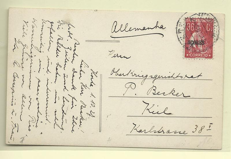 1749.jpg -     Lote:    1749      Lotes pelo Correio       Açores       Descrição:         192&frac12;4 &mdash; Ceres, com sobrecarga AÇORES. CE183, 36c vermelho, em postal ilustrado circulado da Horta (01.10.27) para a Alemanha.        PI       Valor Base:     &euro; 6,00     Valor Venda:     Retirado     