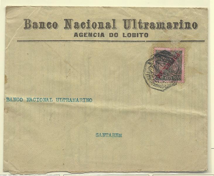 1750.jpg -     Lote:    1750      Lotes pelo Correio       Angola       Descrição:         1912 &mdash; D. Manuel II com sobrecarga REPUBLICA. CE111, 200 reis, em sobrescrito circulado do Lobito para Santarém (03.08.22). Selos de recurso usados em 1919/22.        Carta       Valor Base:     &euro; 8,00     Valor Venda:     Retirado     