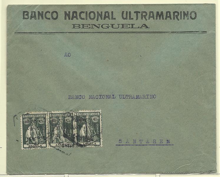 1751.jpg -     Lote:    1751      Lotes pelo Correio       Angola       Descrição:         192&frac12;2 &mdash; Ceres. Sobrescrito circulado de Benguela para Santarém (22.10.21) com 3 selos de 30c CE206.        Carta       Valor Base:     &euro; 8,00     Valor Venda:     Retirado     