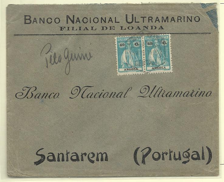 1754.jpg -     Lote:    1754      Lotes pelo Correio       Angola       Descrição:         192&frac12;2 &mdash; Ceres. CE207, 40c. Par em sobrescrito circulado de Luanda para Santarém 12.01.26). Inscrição manuscrita "Pelo Guiné".        Carta       Valor Base:     &euro; 8,00     Valor Venda:     &euro; 8,00       