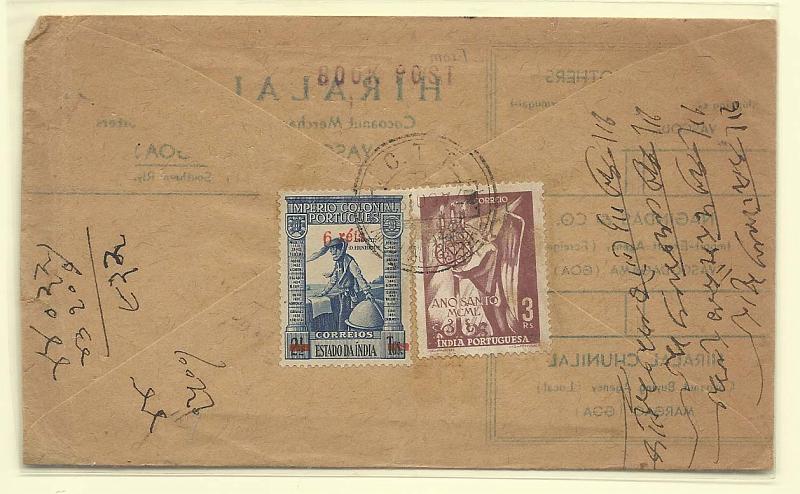 1758.jpg -     Lote:    1758      Lotes pelo Correio       Índia       Descrição:         1950/51 &mdash; Império Colonial Português, com sobretaxa + Ano santo. Sobrescrito circulado como impresso de vasco da Gama (05.08.52) para Gachipura com selos de 6r s/ 2 &frac12; T CE403 e 3 reis CE409.        Carta       Valor Base:     &euro; 5,00     Valor Venda:     Retirado     