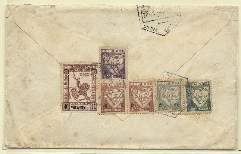 1761.jpg -     Lote:    1761      Lotes pelo Correio       Moçambique       Descrição:         1933/38 &mdash; Lusíadas + Império Colonial Português. Sobrescrito circulado de Lourenço Marques (20.05.43) para Portugal com selos CE272, 274, 275, 278 (x2) e 296.        Carta       Valor Base:     &euro; 4,00     Valor Venda:     Retirado     