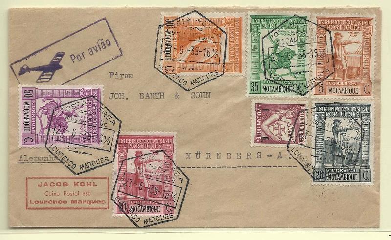 1762.jpg -     Lote:    1762      Lotes pelo Correio       Moçambique       Descrição:         1933/38 &mdash; Lusíadas + Império Colonial Português. Sobrescrito circulado de L. Marques (27.06.39) para a Alemanha, com selos de 1E CE301 + 5c, 10c, 20c, 35c, 50c e 80c CE290/91, 293, 295, 297 e 300.        Carta       Valor Base:     &euro; 8,00     Valor Venda:     Retirado     