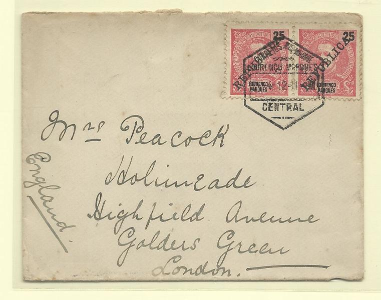 1767.jpg -     Lote:    1767      Lotes pelo Correio       Lourenço Marques       Descrição:         1911 &mdash; D. Carlos I Mouchon, com sobrecarga REPUBLICA da Casa da Moeda. CE83, 25 reis carmim. Par circulado em sobrescrito remetido de L. Marques (05.04.12) para Londres (27.04.12).        Carta       Valor Base:     &euro; 5,00     Valor Venda:     Retirado     