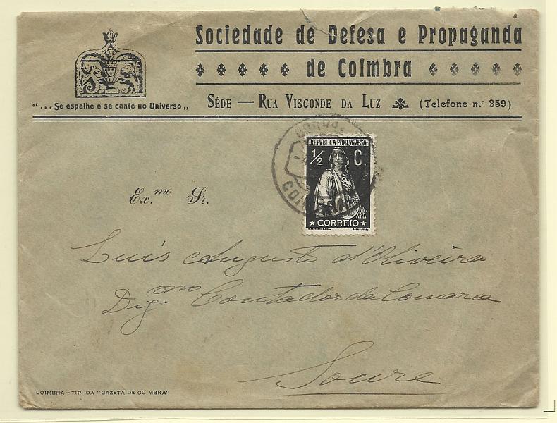1772.jpg -     Lote:    1772      Lotes pelo Correio              Descrição:         Cartas publicitárias. 1912 &mdash; Ceres. CE207, &frac12; c preto, denteado 15x14, papel porcelana em carta circulada de Coimbra da Sociedade de defesa e propaganda de Coimbra.        Carta       Valor Base:     &euro; 6,00     Valor Venda:     Retirado     