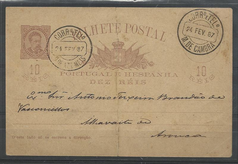 1775.jpg -     Lote:    1775      Lotes pelo Correio       Portugal       Descrição:         1884/87 &mdash; D. Luís de frente. OM9, 10 reis castanho. Circulado de Macieira de Cambra (24.02.87) para Arouca com trânsito por Oliveira de Azeméis (24.02.87).        IC       Valor Base:     &euro; 4,00     Valor Venda:     Retirado     