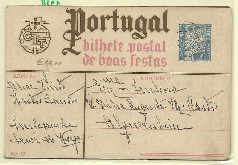 1786.jpg -     Lote:    1786      Lotes pelo Correio       Portugal       Descrição:         1938 &mdash; Boas Festas. Tudo pela Nação. OM88 (n.º 17), $25 azul. Circulado para Alquerubim.        IC       Valor Base:     &euro; 10,00     Valor Venda:     Retirado     