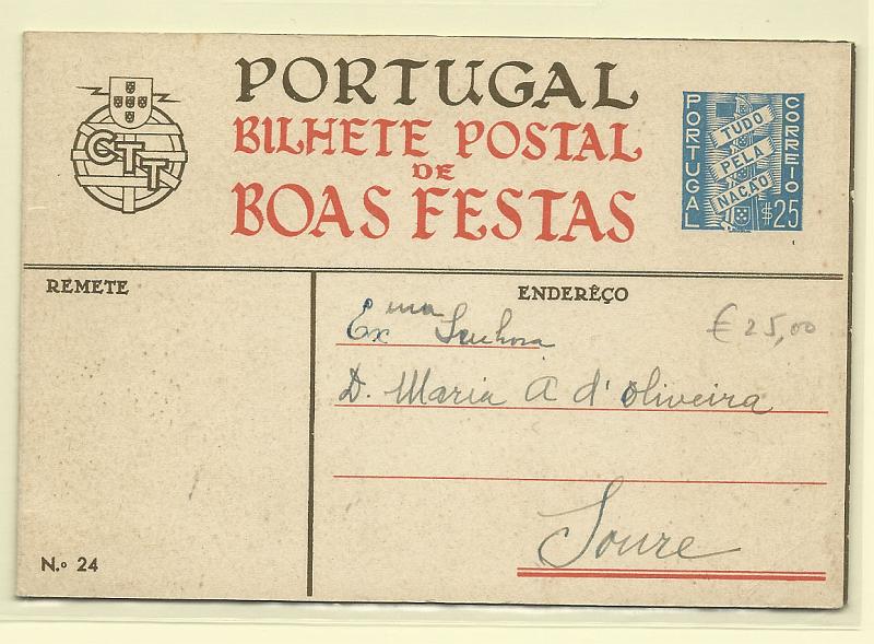 1787.jpg -     Lote:    1787      Lotes pelo Correio       Portugal       Descrição:         1939 &mdash; Boas Festas. Tudo pela Nação. OM89 (n.º 24), $25 azul. Circulado para Soure.        IC       Valor Base:     &euro; 10,00     Valor Venda:     Retirado     