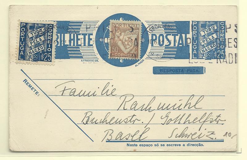1791.jpg -     Lote:    1791      Lotes pelo Correio       Portugal       Descrição:         1941 &mdash; Tudo pela Nação, com sobrecarga manual azul. OM91, $25 azul claro (1.ª folha "RESPOSTA PAGA". Circulado de Lisboa (10.06.41) para a Suíça, com selos adicionais CE522 e 570.        IC       Valor Base:     &euro; 8,00     Valor Venda:     &euro; 8,00       