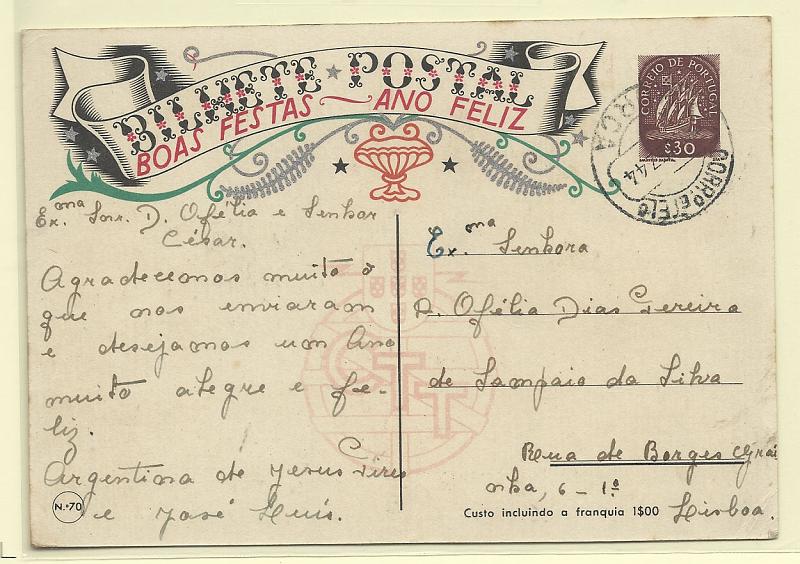 1796.jpg -     Lote:    1796      Lotes pelo Correio       Portugal       Descrição:         1944 &mdash; Boas Festas. Tipo Caravela. OM103, $30 castanho. N.º 70 circulado de Murça.        IC       Valor Base:     &euro; 6,00     Valor Venda:     &euro; 6,00       