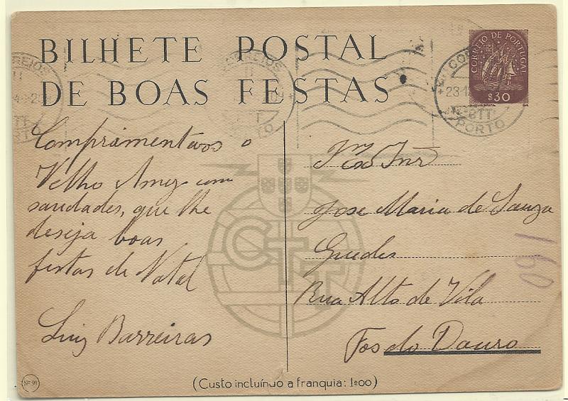 1798.jpg -     Lote:    1798      Lotes pelo Correio       Portugal       Descrição:         1945 &mdash; Boas Festas. Tipo Caravela. OM105 (n.º 91), $30. Circulado.        IC       Valor Base:     &euro; 6,00     Valor Venda:     &euro; 6,00       