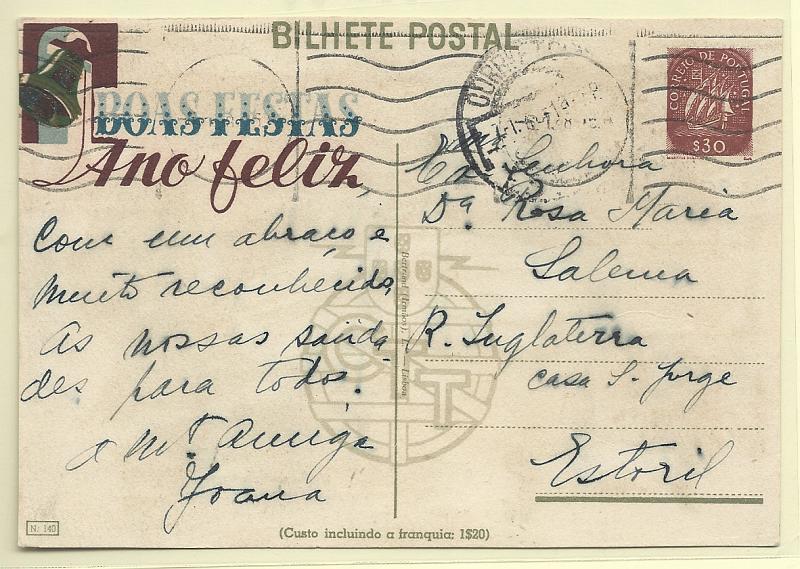 1800.jpg -     Lote:    1800      Lotes pelo Correio       Portugal       Descrição:         1947 &mdash; Boas Festas. Tipo Caravela. OM109 (n.º 140), $30. Circulado.        IC       Valor Base:     &euro; 6,00     Valor Venda:     &euro; 6,00       