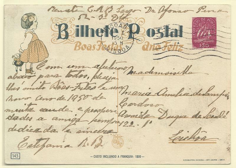 1801.jpg -     Lote:    1801      Lotes pelo Correio       Portugal       Descrição:         1949 &mdash; Boas Festas. Selo tipo Caravela. OM118, $50 lilás. Inteiro n.º 143. Circulado em Lisboa /07.01.50). B.        IC       Valor Base:     &euro; 6,00     Valor Venda:     Retirado     