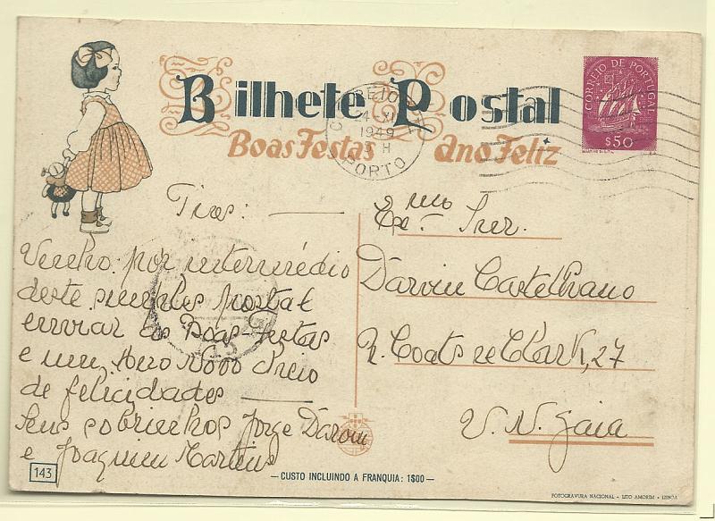 1802.jpg -     Lote:    1802      Lotes pelo Correio       Portugal       Descrição:         1949 &mdash; Boas Festas. Tipo Caravela. OM118 (n.º 143), $50. Circulado.        IC       Valor Base:     &euro; 6,00     Valor Venda:     &euro; 6,00       