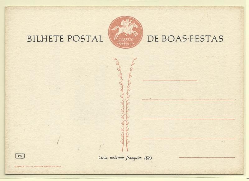 1815.jpg -     Lote:    1815      Lotes pelo Correio       Portugal       Descrição:         1956 &mdash; Boas Festas. Postilhão sem taxa. OM136 ($50). N.º 194. Novo.        IN       Valor Base:     &euro; 7,00     Valor Venda:     Retirado     