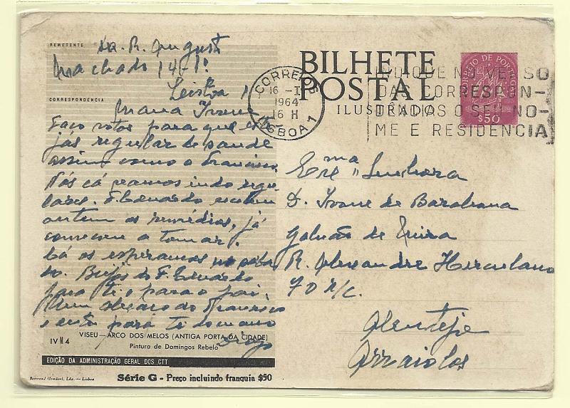 1819.jpg -     Lote:    1819      Lotes pelo Correio       Portugal       Descrição:         1953 &mdash; Série G. Selo tipo Caravela. OM124, IVM4 (Viseu &mdash; Arco dos Melos), $50 lilás-rosa, circulado de Lisboa (16.01.64) para Arraiolos.        IC       Valor Base:     &euro; 8,00     Valor Venda:     Retirado     