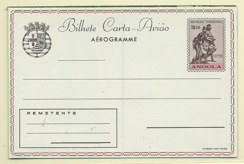 1864.jpg -     Lote:    1864      Lotes pelo Correio       Angola       Descrição:         1966 &mdash; Tipo Indígenas (5.ª série). Bilhetes-Cartas Avião OM39, 1$50 (Tocando Tan-tan). Novo.        IN       Valor Base:     &euro; 3,00     Valor Venda:     &euro; 3,00       