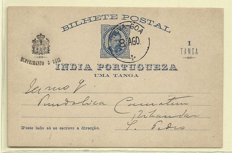 1884.jpg -     Lote:    1884      Lotes pelo Correio       Índia       Descrição:         1892 &mdash; D. Luís I. OM6, 1Tg + 3 reis azul. Circulado de Nova Goa (08.08.??) para S. Pedro.        IC       Valor Base:     &euro; 5,00     Valor Venda:     Retirado     