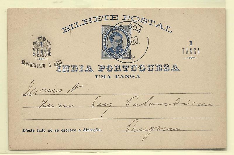 1885.jpg -     Lote:    1885      Lotes pelo Correio       Índia       Descrição:         1892 &mdash; D. Luís I, com sobretaxa preta. OM6, 1 Tanga + 3 reis, azul. Circulado de Nova Goa (08.08.96) para Pangim.        IC       Valor Base:     &euro; 5,00     Valor Venda:     Retirado     