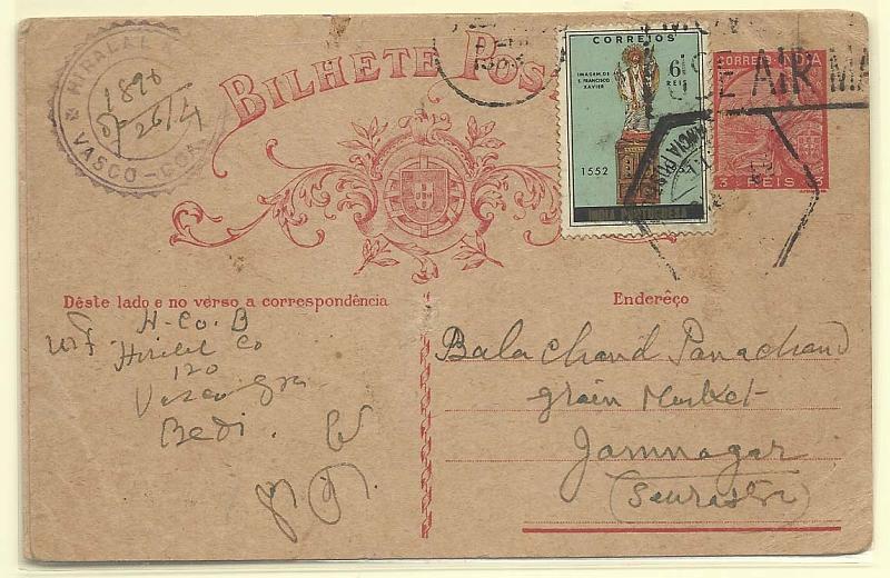 1892.jpg -     Lote:    1892      Lotes pelo Correio       Índia       Descrição:         1934 &mdash; Lusíadas. OM39, 3 reis carmim (cartolina rugosa). Dois inteiros circulados de Vasco da Gama para a Índia Inglesa cada com selo adicional de 6 reis CE426.        IC       Valor Base:     &euro; 10,00     Valor Venda:     Retirado     