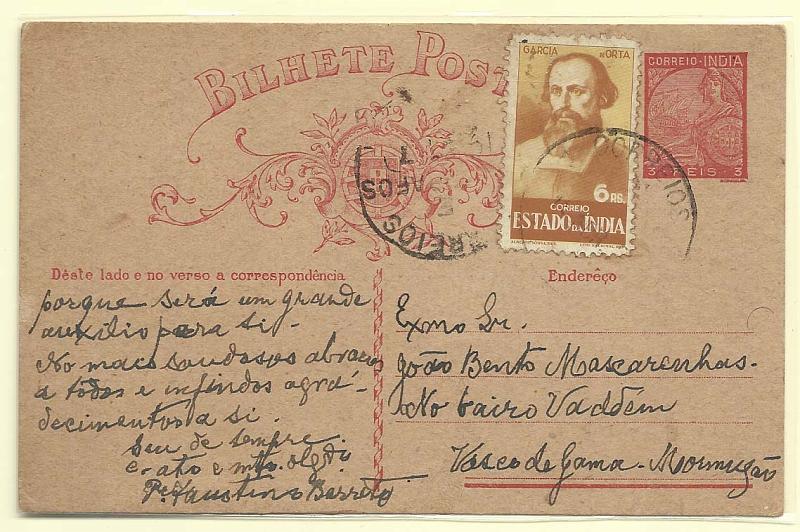 1894.jpg -     Lote:    1894      Lotes pelo Correio       Índia       Descrição:         1934 &mdash; Lusíadas. OM39, 3 reis carmim. Circulado de Piedade (17.04.37) para Vasco da Gama, com selo adicional de 6 reis (par) CE378.        IC       Valor Base:     &euro; 10,00     Valor Venda:     Retirado     