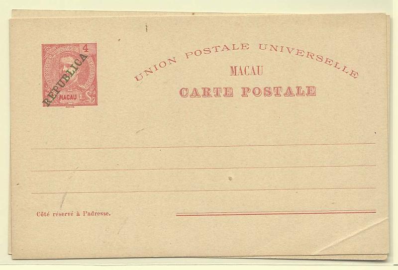1899.jpg -     Lote:    1899      Lotes pelo Correio       Macau       Descrição:         1912 &mdash; D. Carlos I Mouchon com sobrecarga REPUBLICA. Lote de dois inteiros novos de 1 &frac12; avo e 4 avos OM11/12.        IN       Valor Base:     &euro; 5,00     Valor Venda:     &euro; 5,00       