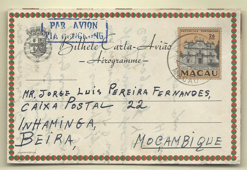 1900.jpg -     Lote:    1900      Lotes pelo Correio       Macau       Descrição:         1962 &mdash; Igreja do Seminário da Cidade. Bilhetes-Cartas Avião. OM10, 26 avos. Circulado de Macau (01.04.64) para Moçambique.        IC       Valor Base:     &euro; 5,00     Valor Venda:     &euro; 12,00       