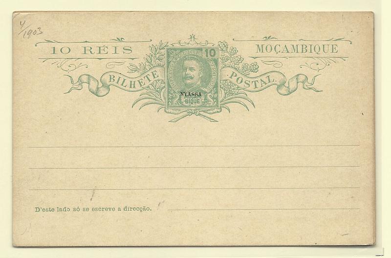 1904.jpg -     Lote:    1904      Lotes pelo Correio       Companhia do Niassa       Descrição:         1904 &mdash; D. Carlos I Mouchon. Inteiros de Moçambique com sobrecarga NYASSA. OM 1/3. Série completa. Bem conservados.        IN       Valor Base:     &euro; 8,00     Valor Venda:     &euro; 8,00       